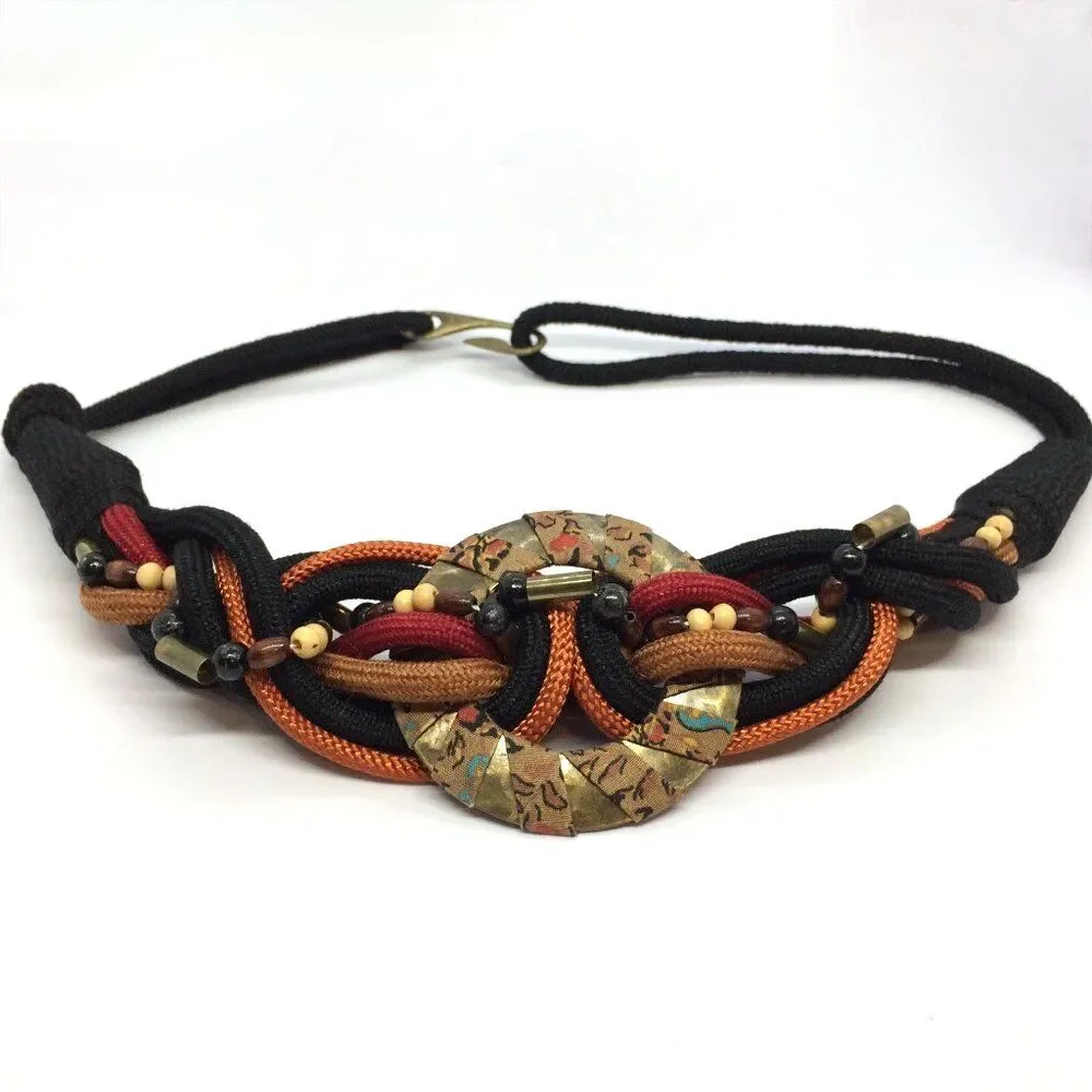 VINTAGE BOHO BELT Woven Cord Beaded Batik Medallion Brass Hook 80s 90s